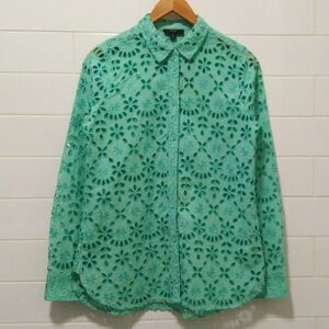 JCREW eyelet shirt blouse button down green long sleeve collar 6 lace embroidery
